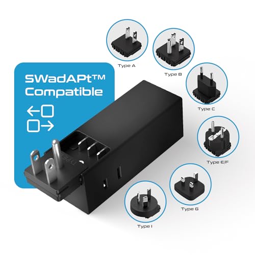65W World Travel Adapter 3 USB Ports PD 3.0 Ultra Compact Charger 2 US Outlets [GaN Tech] (Black)