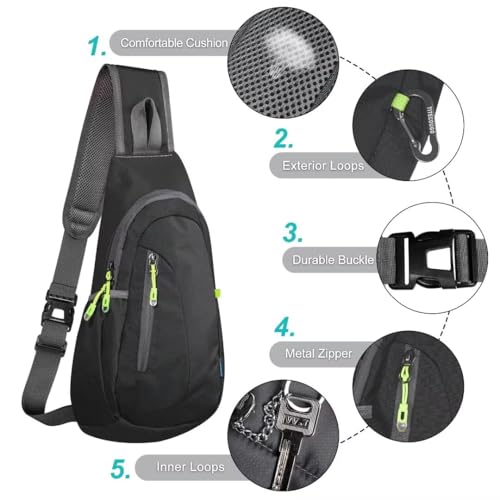 Small Sling Bag Lightweight Crossbody Bag for Women Men Hiking Backpack Travel Shoulder Bag Chest Daypack for Gym Work Outdoor Sports Black (Black)