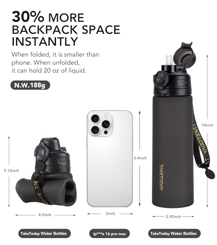 Collapsible Water Bottles with Straw for Travel (Black&Ocean)