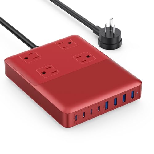 12-in-1 Charging Station USB C Power Strip with 5ft Cord,200W GaN IV USB C Charger Block,4 AC Outlets,8 USB for MacBook,iPhone 16/15/14,Fast Charging Desktop Charger for Office (Red) (A-Red)