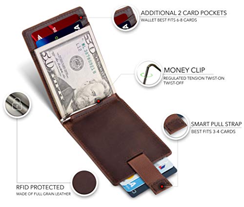 RFID Blocking Slim Bifold Genuine Leather Minimalist Front Pocket Wallets for Men with Money Clip Thin Gift (Texas Brown 1.S)
