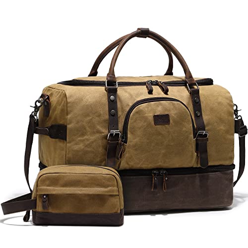 Nerlion Weekender Bag with Shoe Compartment Large Overnight Bag for Men Canvas Genuine Leather Carry on Luggage Bag Travel Duffel Bag (Brown)