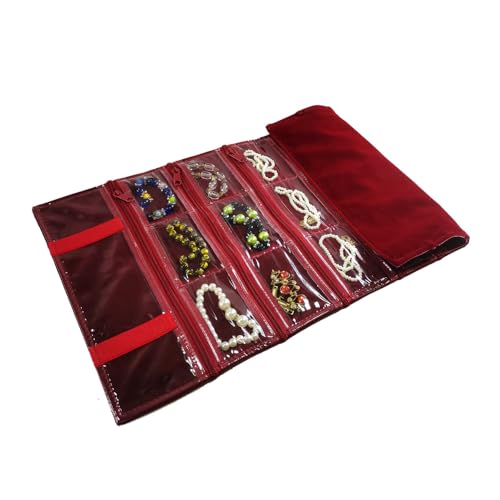 Travel Jewelry Roll Bag Portable Organizer Pouch With Grids&PVC Cover Storage Bags for Necklace (Burgundy Velvet 29 Grids)