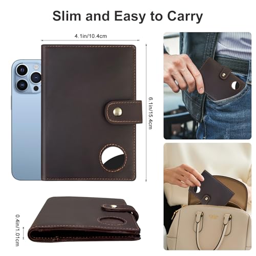 Crazy Horse Leather Slim Passport Holder with RFID &Tracker Slot (Dark Brown)