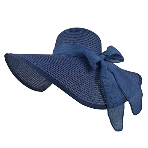 Women Wide Brim Bow Straw Hat Floppy Foldable Beach Sun Hat Roll up Cap UPF 50+ (Big Bow / Navy 5.9" Brim, 1 Pack)