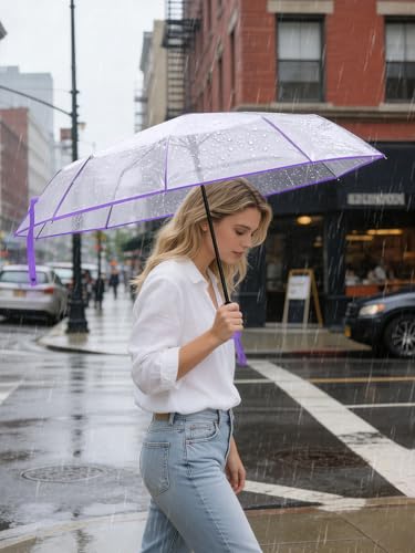 Windproof Travel Umbrellas for Rain and Sun (Clear-Purple / 2 PK)