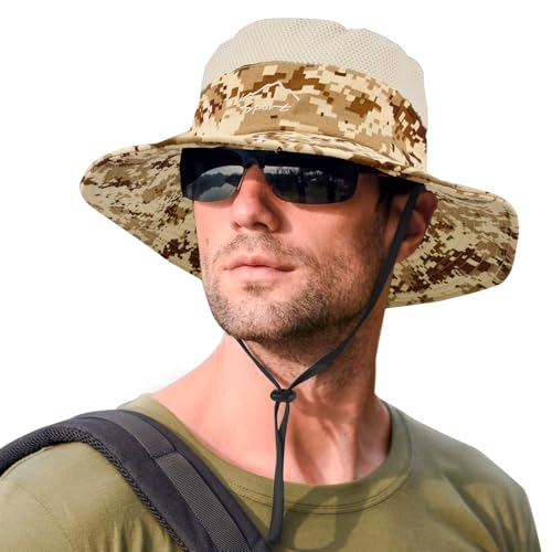 Sun Hats for Men Women UPF 50+ Breathable Wide Brim Summer Fishing (Degital Beige)