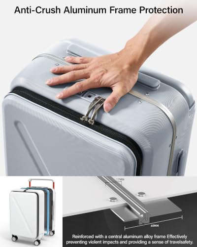 Wide Handle Luggage with Front Pocket Hardshell Aluminium Check In Suitcase with Wheels Medium 24 Inch Front Opening Checked Luggage with Spinner Wheels TSA Lock Airline Approved Luggage (Checked Medium 24 Inch / Grey)