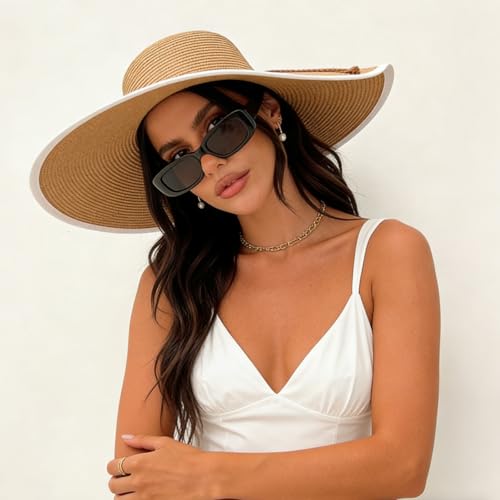Women Twine Wide Brim Straw Hats Big Floppy Summer Hat Foldable Roll up Cap Beach Sun Hat UPF 50+ (Straw Hat: Khaki 5.9" Brim, 1 Pack)