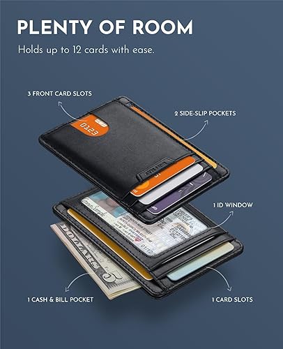 Slim Wallet for Men Women Minimalist Small Leather Front Pocket Wallets with RFID Blocking and Gifts Box (Small / Bassa Black)