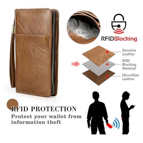 Full Grain Leather Travel Family Passport Holder for 4 Passport Wallet RFID Blocking Passports Organizer 3 Layer Design Fit 4 Passports (Camel Brown)