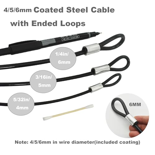 20 inch (50cm) 5mm Stainless Security Cables Tether,Braided Steel Vinyl Coated Safety Strap Luggage Lock,Flexible Wire Lead Chain Leash with Double Loops, Black 4Pcs (Black / 5mm-20in(4pcs))
