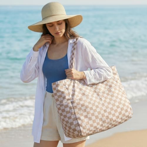 Beach Bag Waterproof Sandproof Large Capacity Foldable for Women (Brown Checkered / 35L)