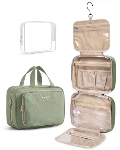 Toiletry Bag Hanging Travel Makeup Organizer with TSA Approved Transparent Cosmetic Bag Makeup Bag for Full Sized Toiletries (Green / Large)