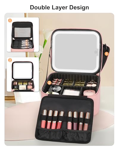 Makeup Bag with LED Mirror (01-Pink / 1-Small(2 Layers))