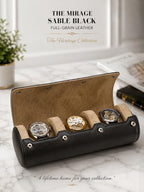 Watch Travel Case for Men Leather Watch Roll for Travel Organizer and Display 3 Watch Case Full (9x4x3 / Sable Black)