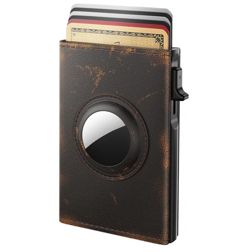 Mens Leather RFID Blocking Minimalist Slim Wallet for AirTag (Bronze)