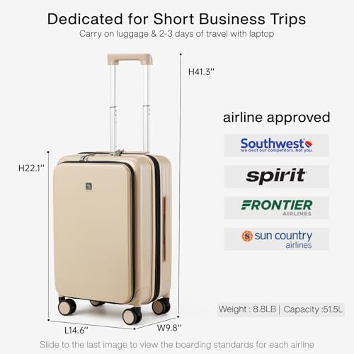 Grace Carry On Luggage with Wheels Airline Approved Hard Shell Suitcases with Front Pocket (Cuban Sand / 20 Inch-2)