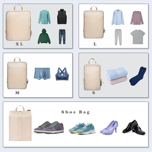 6 Set Ultralight Compression Packing Cubes Packing Organizer for Travel Accessories Luggage Suitcase Backpack (Cream70D / Cloth Pattern)