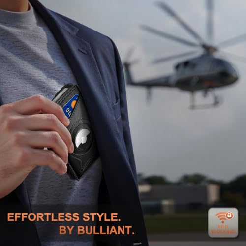 Men Slim Magnetic Leather Airtag Wallet Metal Case Money Clip (Black8797)