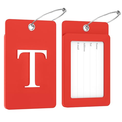 2 Pack Initial Luggage Tags for Suitcases Airplane Travel Essentials (Large T / Red)