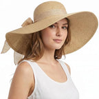 Women Wide Brim Bow Straw Hat Floppy Foldable Beach Sun Hat Roll up Cap UPF 50+ Khaki (Aca Khaki 5.9' Brim)