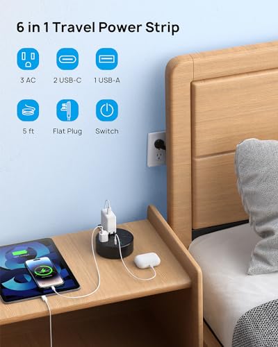 20W USB C Travel Power Strip (5ft Fully Retractable Cord / PD 20W USB C / Black)