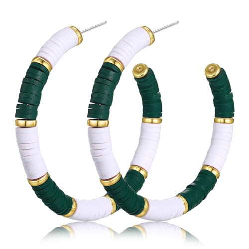 Game Day Earrings Football Baseball Earrings for Women Sports Team Heishi Hoop Earring Football Accessories Outfits Cheer Mom Essentials Fall Sports Must Haves Cheer Gifts (Green White)