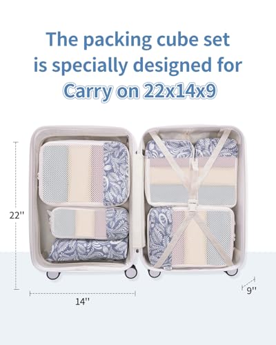 6 Set Compression Packing Cubes for Travel Women Men (Y-Blue Leaf)