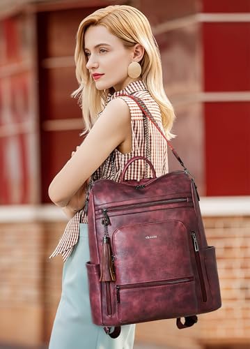 Vegan Leather Laptop Backpack for Women 15.6 inch Work Backpack Fashion Travel Backpack Purse for Business College (Two-tone Maroon)