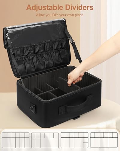 Large Makeup Case Travel Makeup Train Case Professional Makeup Artist Bag Portable Nail Organizer Box Art Supply Case with Adjustable Dividers (Black with 3 clear bags / Large)