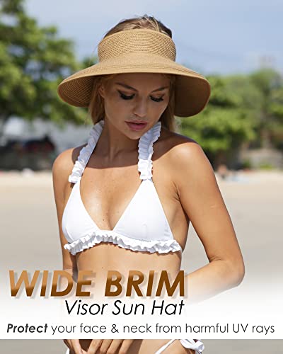 Womens Sun Hat with Ponytail Hole Wide Brim Beach Straw Visor (Medium / 04-khaki Beige Stripes)