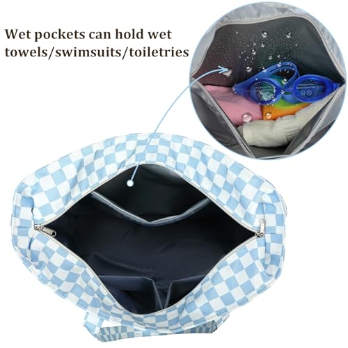 Beach Bag Waterproof Sandproof Women Beach Tote Bag Pool Bag with Zipper for Gym Grocery Travel with Wet Pocket (Light Blue White)