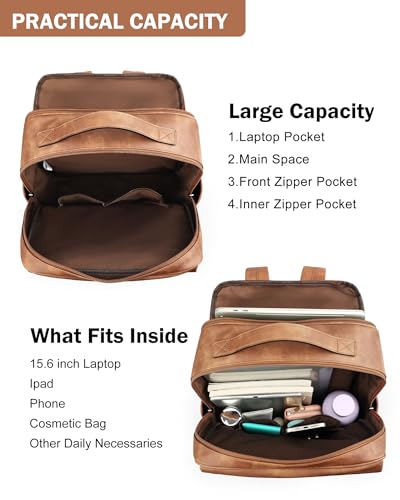 15.6 inch PU Leather Laptop Backpack Purse for Women (Mocha Brown)