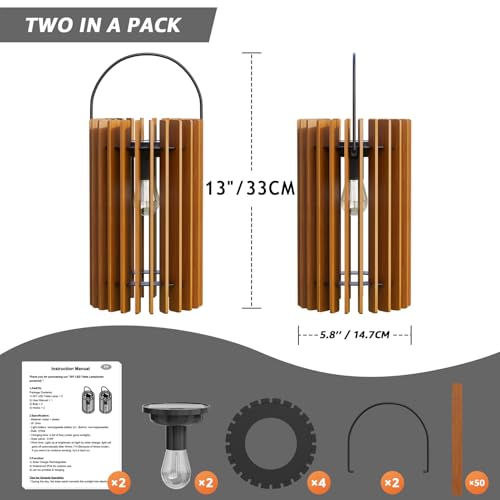 2 Pack 13" Solar Lantern Outdoor Waterproof IP44 Outside Lights LED Hanging Rattan Lamp for Patio Garden Decor Porch Yard Table Top Decorative (round)
