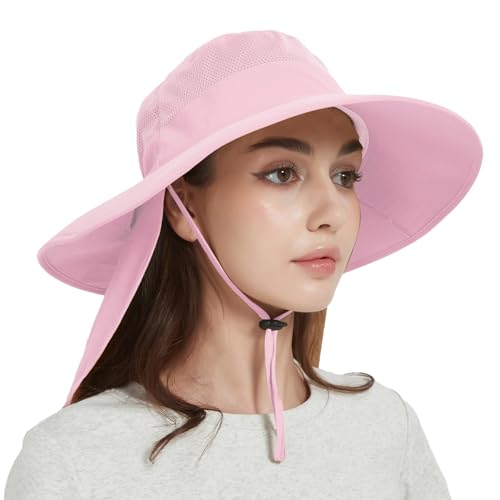 Fishing Hat Breathable Wide Brim Sun Hats with Neck Flap Bucket Hat Outdoor Safari Hat for Men Women UPF 50+ Sun Protection Pink (Pink)