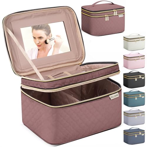 Large Makeup Bag with Mirror Double Layer Travel Make Up Organizer Case (Rosewood)