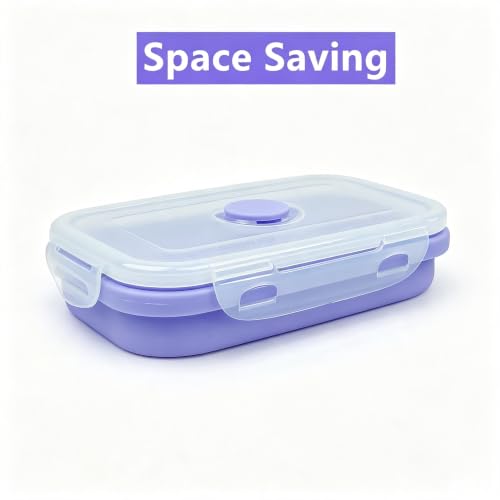 Purple Collapsible Meal Prep Containers Camping Bowls Silicone Bento Box with Airtight Plastic Lid (Purple / 350ml, 500ml, 800ml set)
