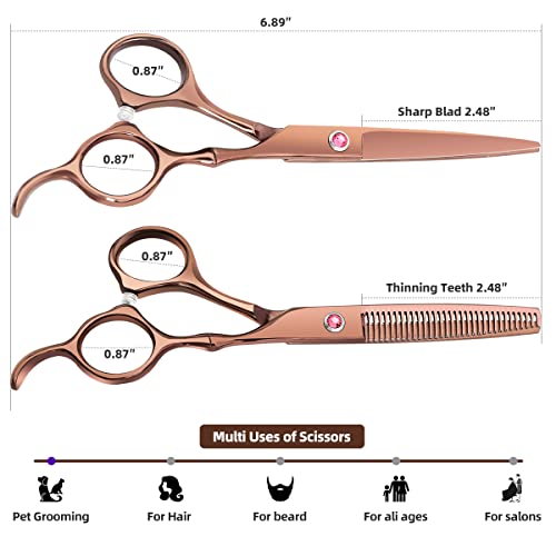 Professional Hair Cutting Scissors Sets Stainless Steel Barber Hairdressing Scissors Multifunctional Salon Thinning Scissors Straight Shears Tools Gifts for Mom Dad and Friends (Brown)