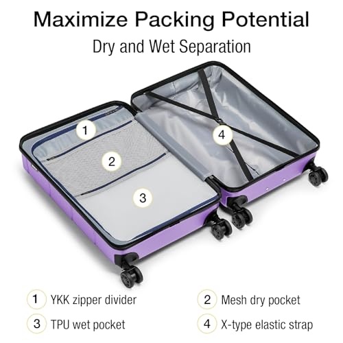 Carry On Luggage 22x14x9 Airline Approved with TSA Lock Hardshell Expandable 20 Inch Suitcase Carry On Suitcase with Wheels Small Travel Rolling Luggage with Cup Holder for Women Lt Purple (Lt Purple / Expandable Carry-On 20-Inch)