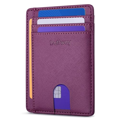 Slim Minimalist Front Pocket RFID Blocking Leather Wallets for Men and Women (Small / Cross Purple)
