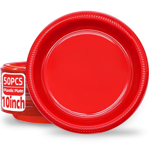 50 Pcs Red Plastic Plates 10 inch (Red / 50 Pcs)