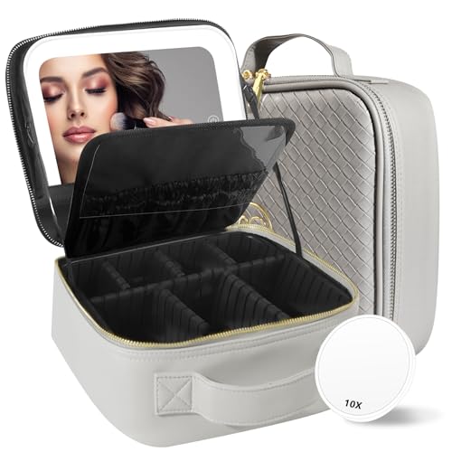 Travel Makeup Bag Cosmetic Bag Makeup Organizer Bag with Lighted Mirror (Silver / Woven)