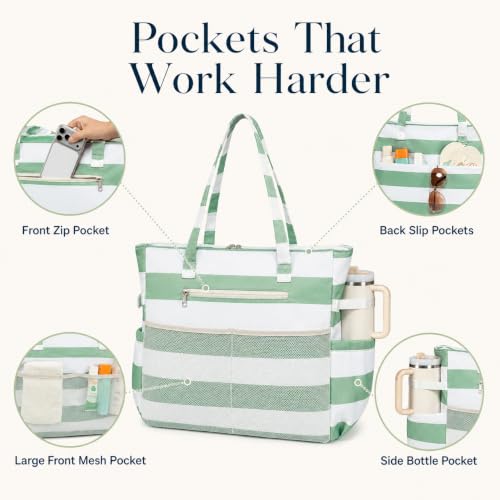 Waterproof Beach Tote Pool Bags for Women Ladies Extra Large Carry On Bag With Wet Compartment for Weekender Travel (Green White Stripe 5cm)