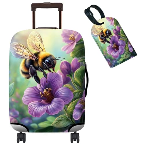 Luggage Cover + Tag (Bee Purple Flowers / S)