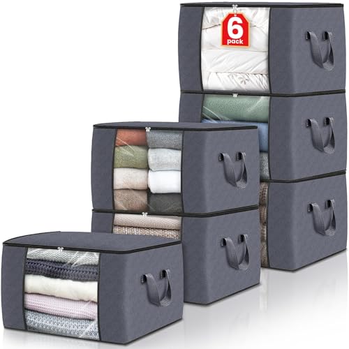 6 Pack Storage Bags for Clothes Blanket Storage Bins with Lids (6 Pack-60l / Grey)