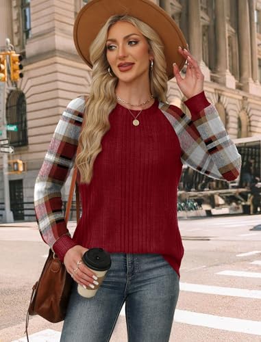 Womens Tops for Teachers Fall Fashion Must Haves Christmas Shirts for Women Ugly Christmas Sweater Country Concert Outfits Cute Oversized Plus Size Clothes Winter Clothing Raglan Paneled Plaid Red (Medium / 08-red Plaid)
