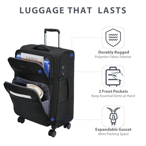 Softside Expandable checked Luggage with Front Business Pockets (Black-24 / 24 inch)