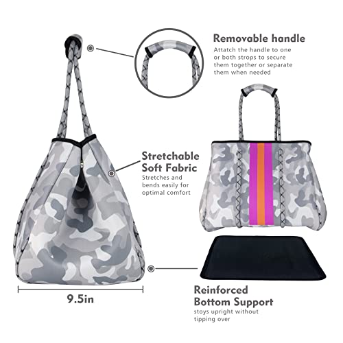 Neoprene Multipurpose Beach Bag Tote with Inner Zipper Pocket (White Camo / Large)