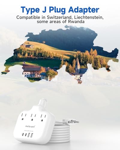 Switzerland Travel Plug Adapter with 5FT Extension Cord (Type J-Switzerland)